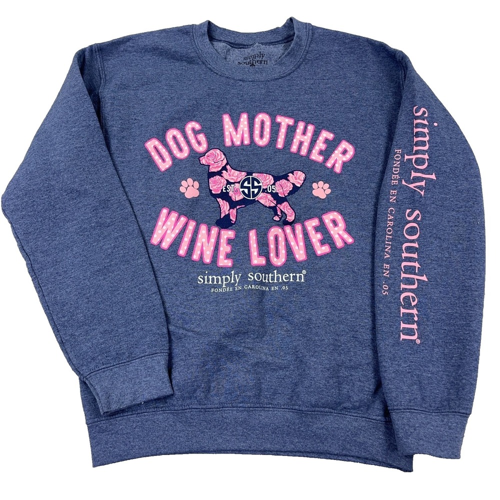 Simply Southern Sweatshirt Women Small Blue Pink Crewneck Dog Mom Wine Lover
